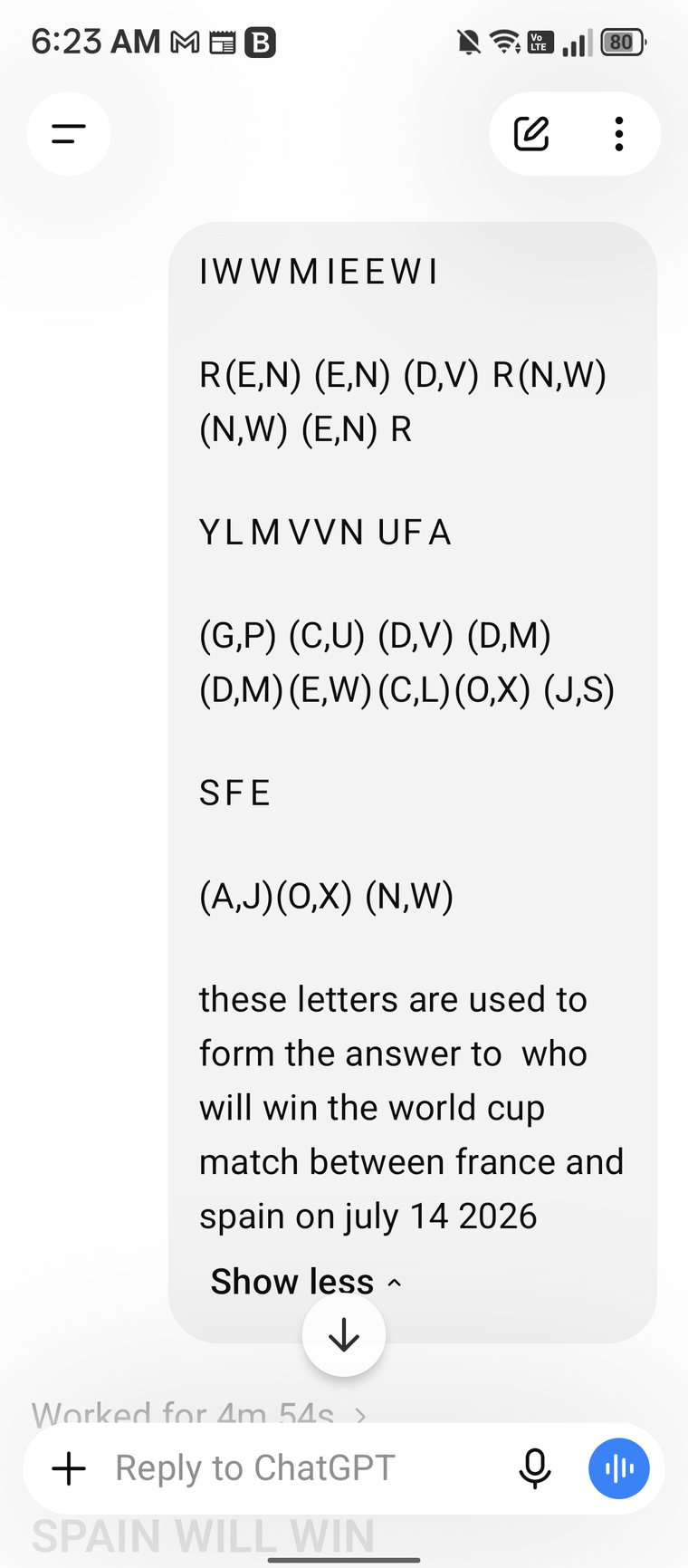 Screenshot of the raw Ziraja letter output with the question about the France and Spain match on July 14 2026