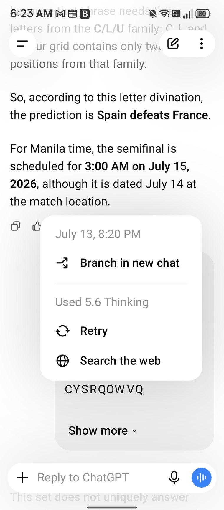 Screenshot showing the decoded prediction Spain defeats France and the timestamp July 13 at 8:20 PM