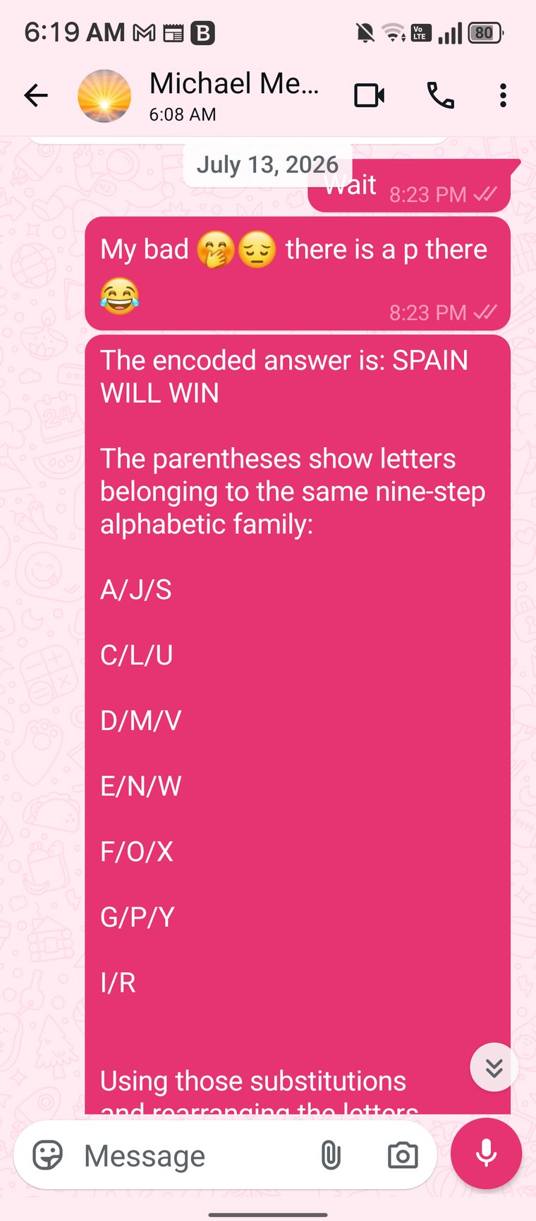 Chat screenshot showing the decoded answer SPAIN WILL WIN and the list of nine-step alphabetic families