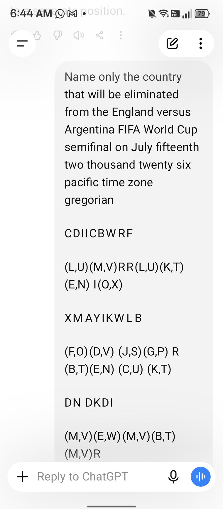 Screenshot of the question about the England and Argentina semifinal with the letter grid returned