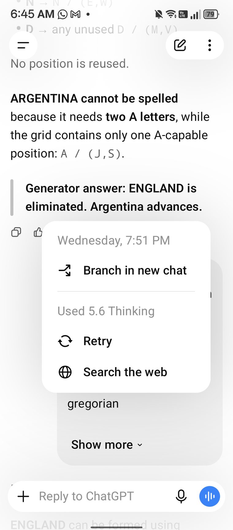 Screenshot showing that Argentina cannot be spelled and the conclusion that England is eliminated, timestamped 7:51 PM