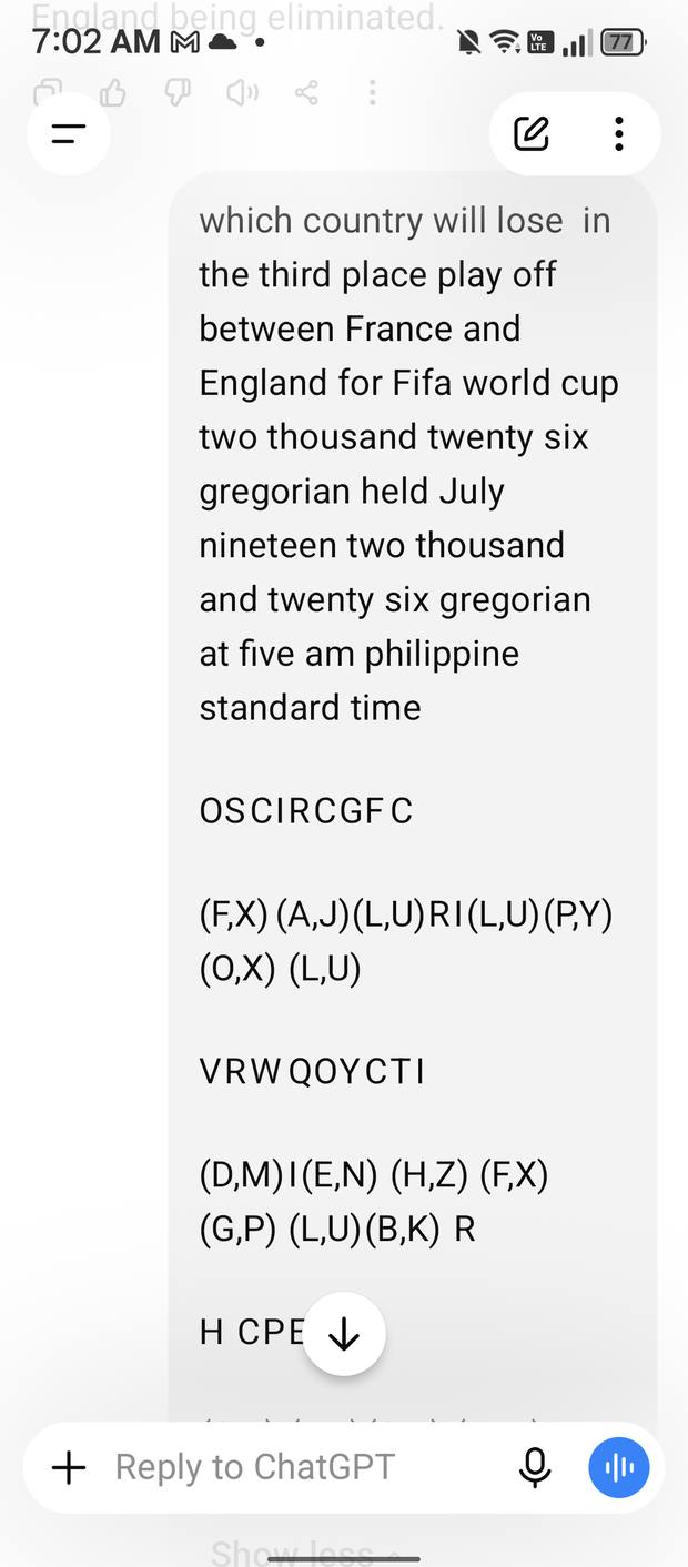 Screenshot of the question asking which country will lose the third place playoff, with the letter grid returned