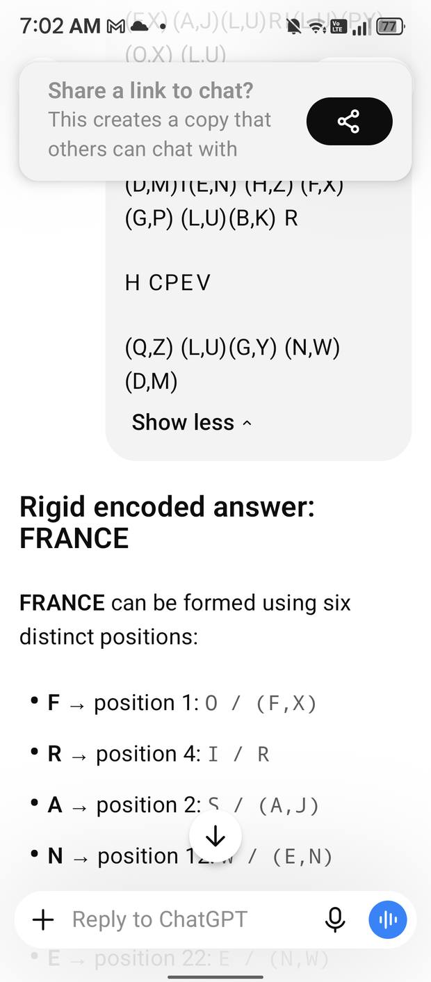 Screenshot showing the rigid encoded answer FRANCE built from six distinct positions
