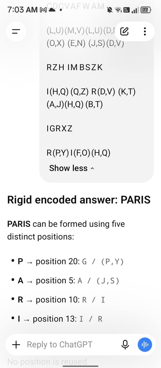 Screenshot showing the rigid encoded answer PARIS built from five distinct positions