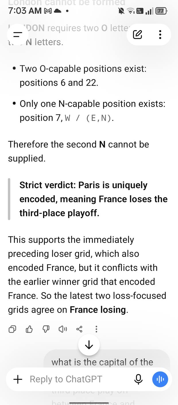 Screenshot explaining that LONDON cannot be formed because only one N capable position exists, with the verdict that Paris is uniquely encoded and France loses