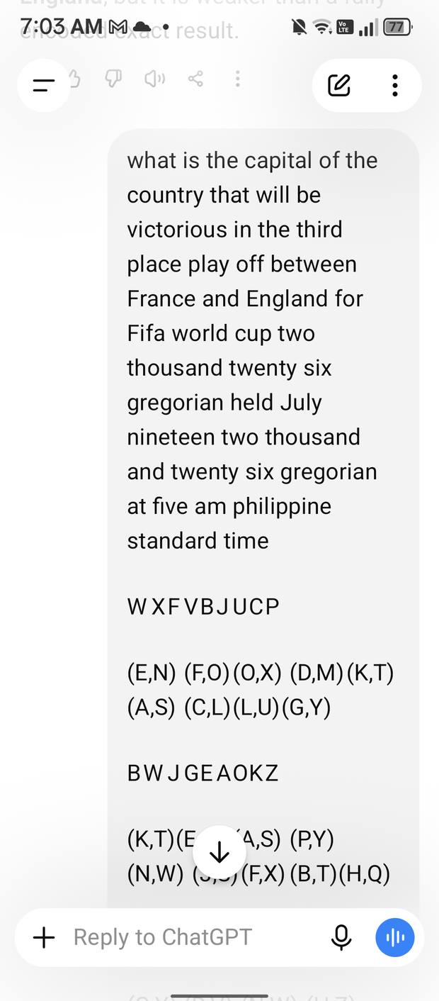 Screenshot of the question asking for the capital of the country that will be victorious, with its letter grid