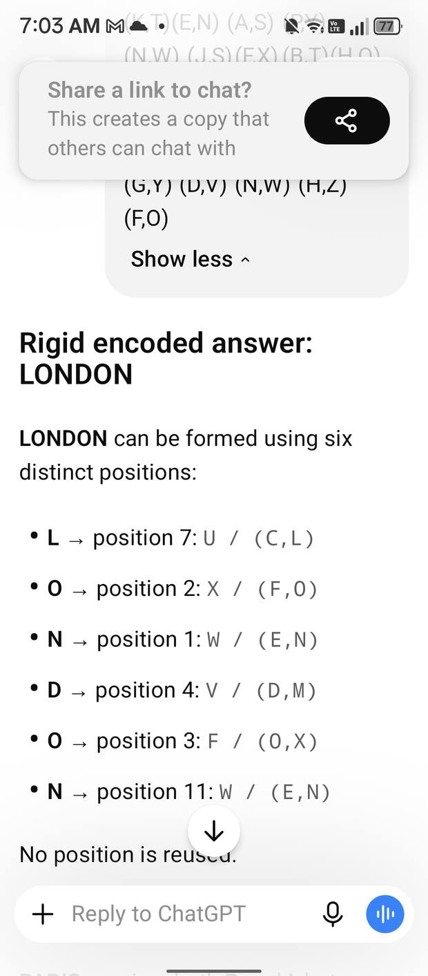 Screenshot showing the rigid encoded answer LONDON built from six distinct positions