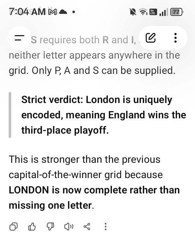 Screenshot giving the strict verdict that London is uniquely encoded meaning England wins the third place playoff
