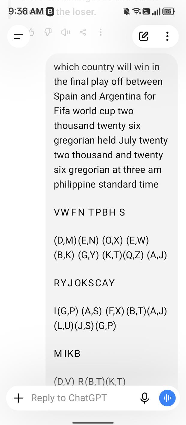 Screenshot of the question asking which country will win the final playoff between Spain and Argentina, with the letter grid returned