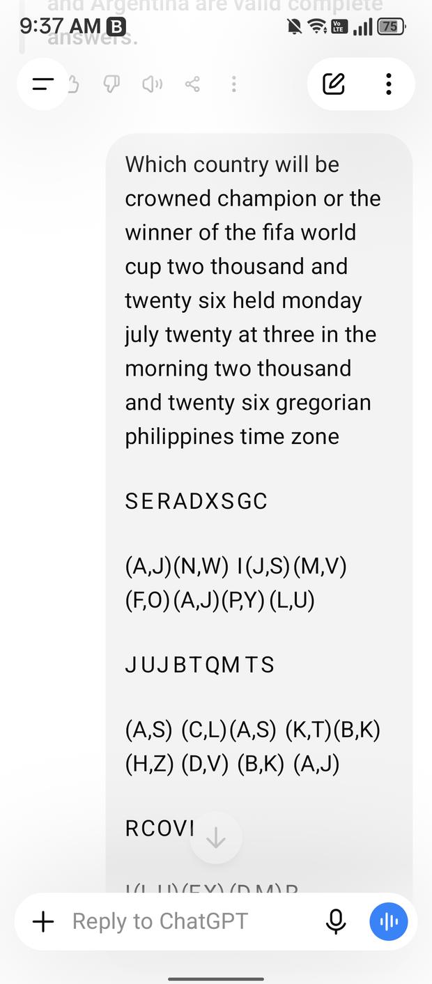 Screenshot of the question asking which country will be crowned champion of the FIFA World Cup 2026, with its letter grid