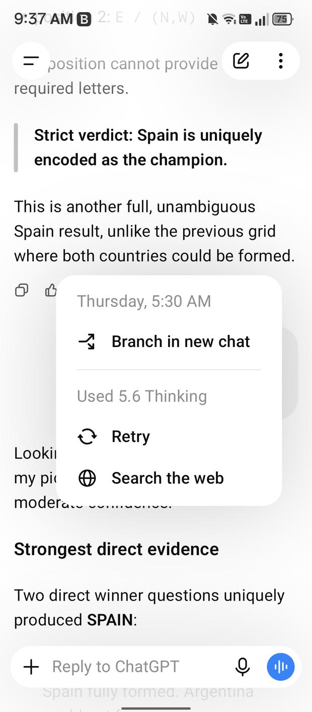 Screenshot with the verdict that Spain is uniquely encoded as the champion and a note that two direct winner questions produced Spain