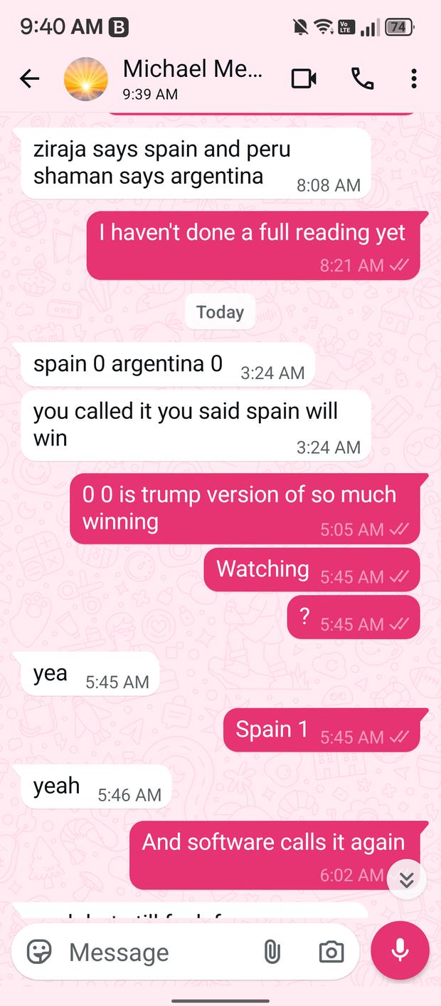 Chat screenshot during the final showing the score at nil nil, the buyer saying the call was made, then Spain scoring